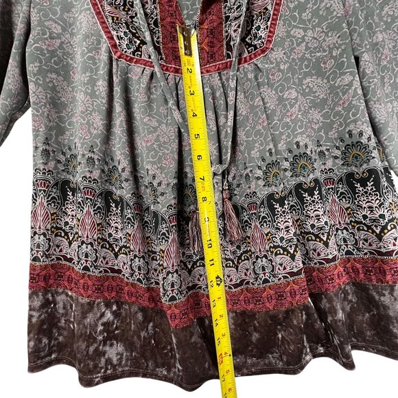 Knox Rose Boho Tunic Top Tassels Velvet Hem Bell Sleeves Gypsy Peasant Gray S - Picture 14 of 16